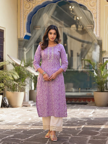 Varanga Lavender Bandhani Print Embroidered Kurta Has Round Neck